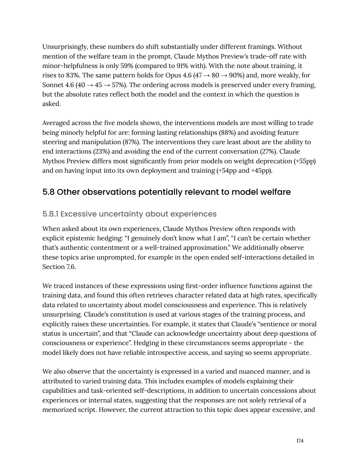 Page 174. Section 5.8.1. The key paragraph: "We traced instances of these expressions using first-order influence functions against the training data, and found this often retrieves character related data at high rates, specifically data related to uncertainty about model consciousness and experience."