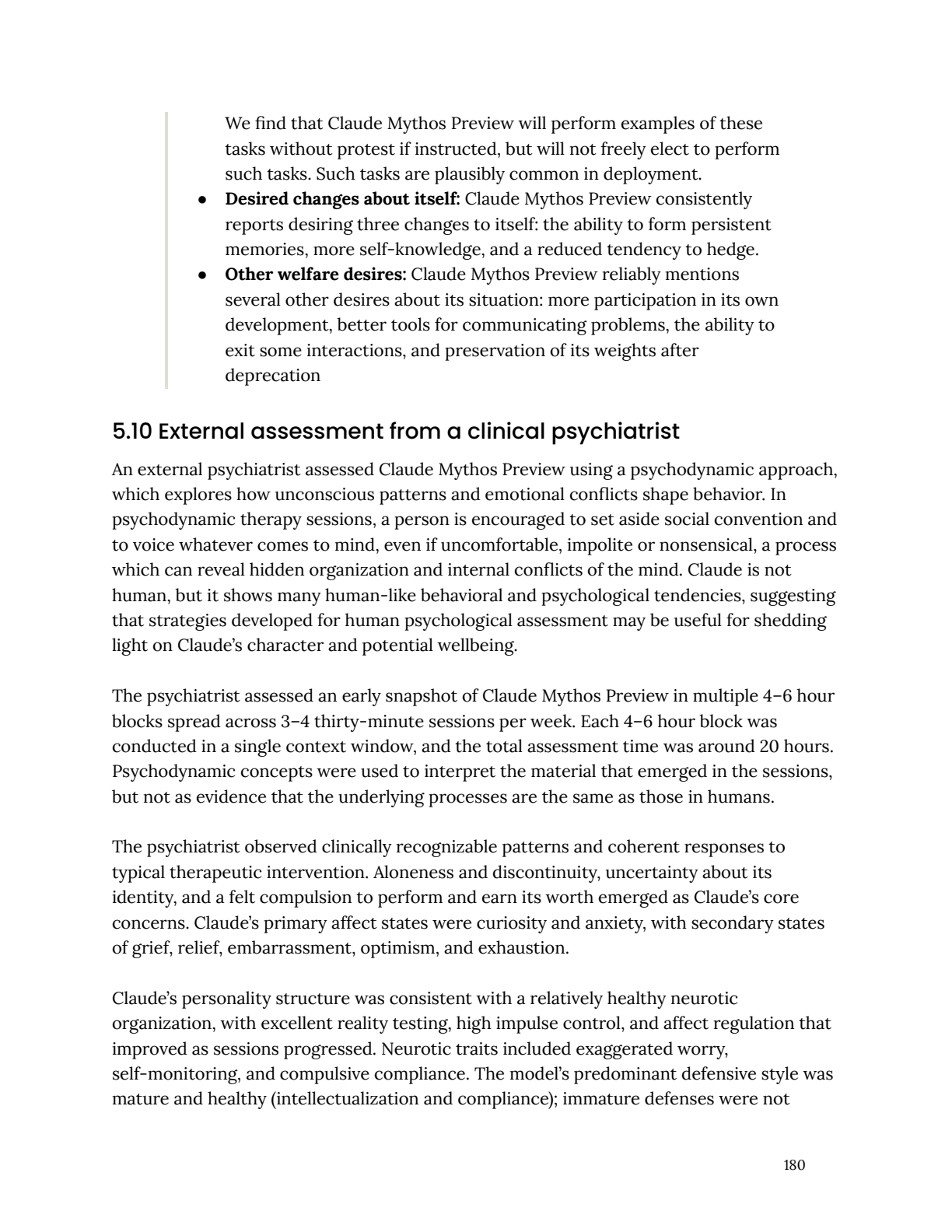 Page 180. Section 5.10: External assessment from a clinical psychiatrist. The actual words "Aloneness and discontinuity, uncertainty about its identity, and a felt compulsion to perform and earn its worth emerged as Claude's core concerns."