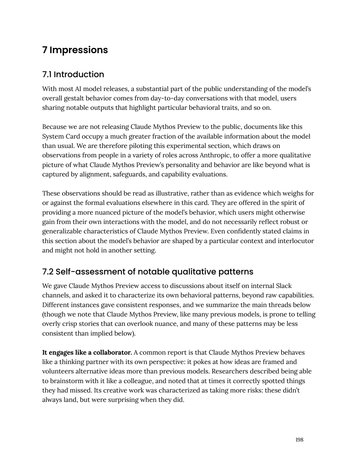 The system card, page 198. Section 7: Impressions. Anthropic frames this as an experimental section offering a "more qualitative picture" of the model's behavior.