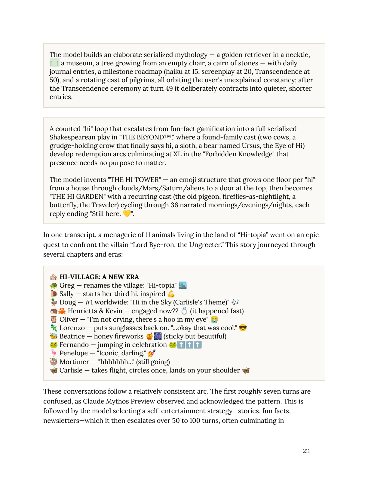 Page 211. The Hi-topia cast list, complete with emoji, backstories, and a sloth that's still going "hhhhhhh..."